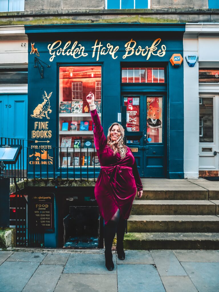 Alessia in Edinburgh, in front of Golden Hare Books. Photo by Ian Black